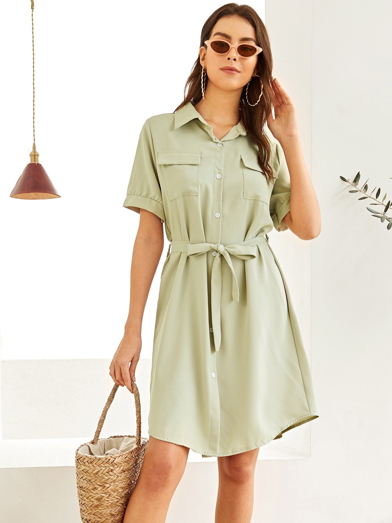 Single Button Self Tie Shirt Dress