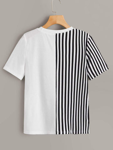 Contrast Lip Sequin Striped Panel Tee