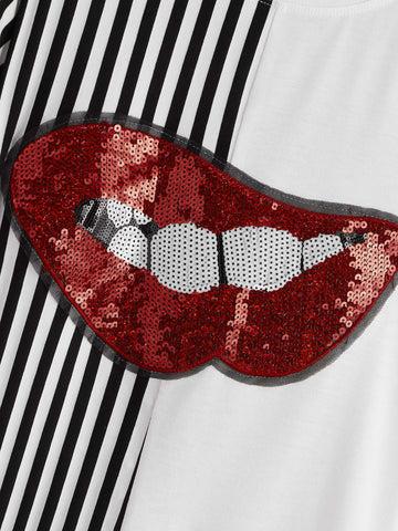 Contrast Lip Sequin Striped Panel Tee