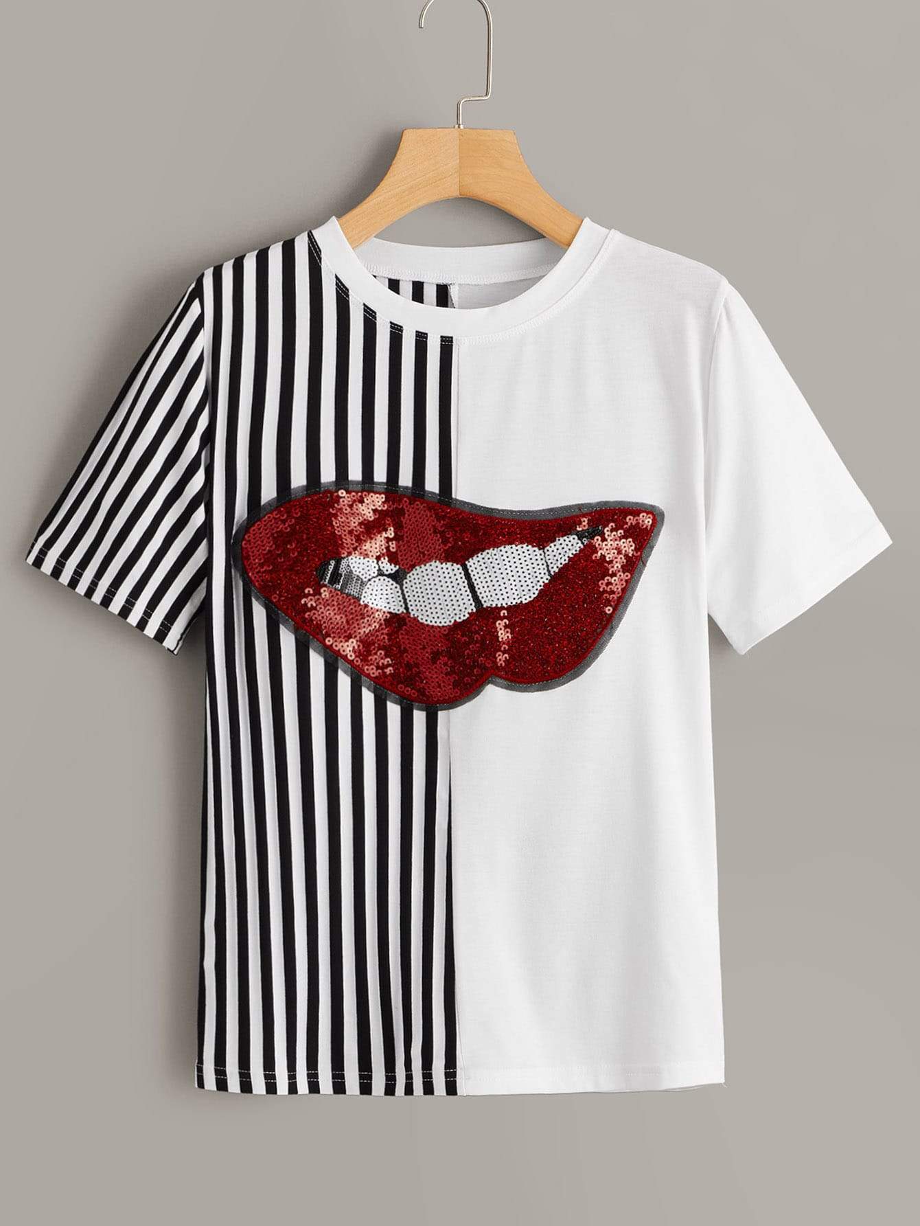 Contrast Lip Sequin Striped Panel Tee