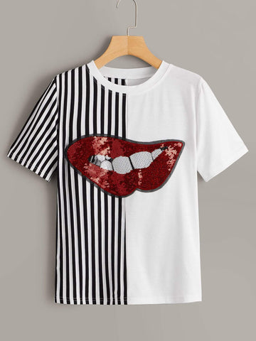 Contrast Lip Sequin Striped Panel Tee