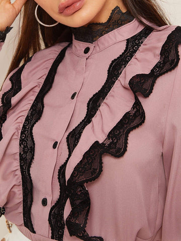 Contrast Lace Flounce Sleeve Blouse