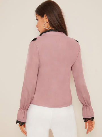 Contrast Lace Flounce Sleeve Blouse