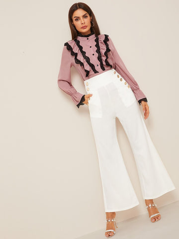 Contrast Lace Flounce Sleeve Blouse