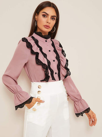 Contrast Lace Flounce Sleeve Blouse