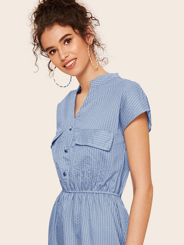 Striped Button Front Dual Pocket Dress