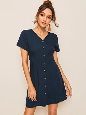 Button Through Solid Dress