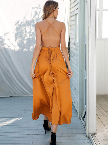 Simplee Open Back Sequin Bodice High Split Satin Dress