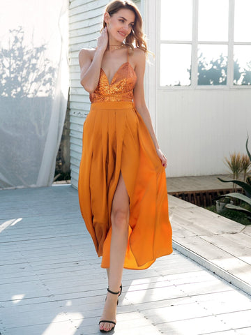 Simplee Open Back Sequin Bodice High Split Satin Dress