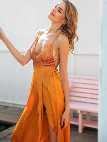 Simplee Open Back Sequin Bodice High Split Satin Dress