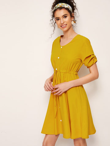 Solid Button Through Drawstring Waist Dress