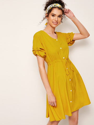 Solid Button Through Drawstring Waist Dress