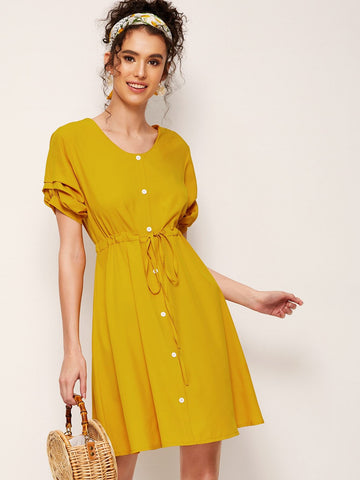 Solid Button Through Drawstring Waist Dress