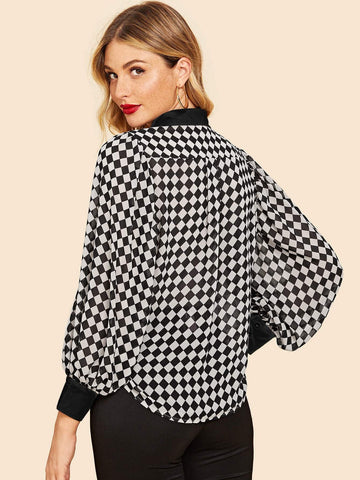 Checkerboard Print Bishop Sleeve Shirt