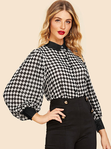Checkerboard Print Bishop Sleeve Shirt