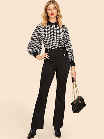 Checkerboard Print Bishop Sleeve Shirt