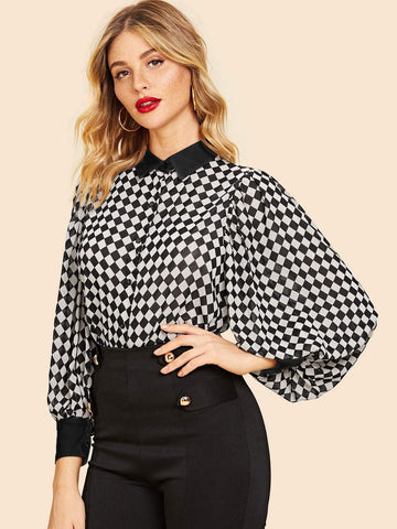 Checkerboard Print Bishop Sleeve Shirt
