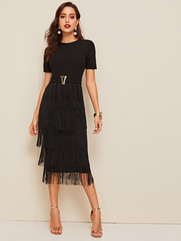 SHEIN Metal Button Detail Layered Fringe Pencil Dress