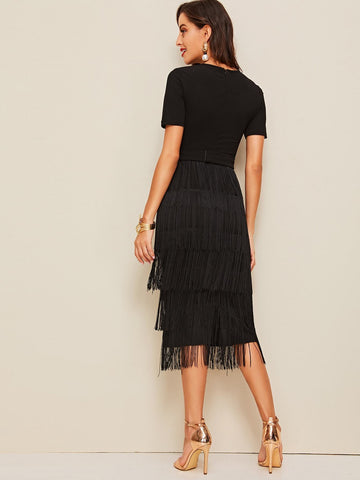 SHEIN Metal Button Detail Layered Fringe Pencil Dress