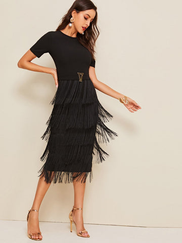 SHEIN Metal Button Detail Layered Fringe Pencil Dress