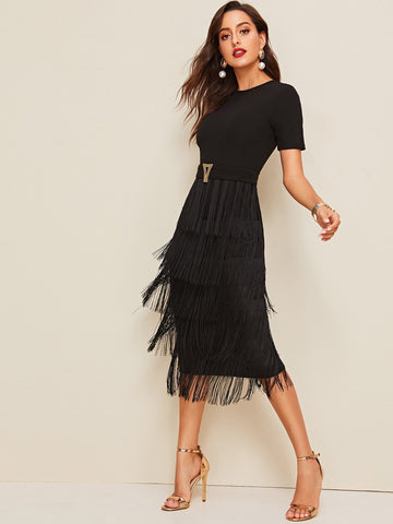 SHEIN Metal Button Detail Layered Fringe Pencil Dress