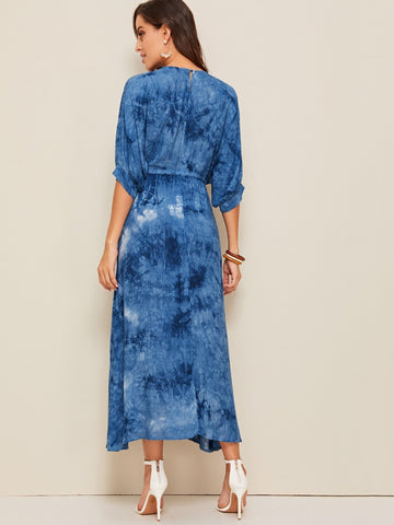 Tie Dye Batwing Sleeve Drawstring Waist Maxi Dress