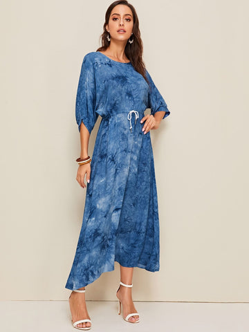 Tie Dye Batwing Sleeve Drawstring Waist Maxi Dress