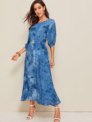 Tie Dye Batwing Sleeve Drawstring Waist Maxi Dress