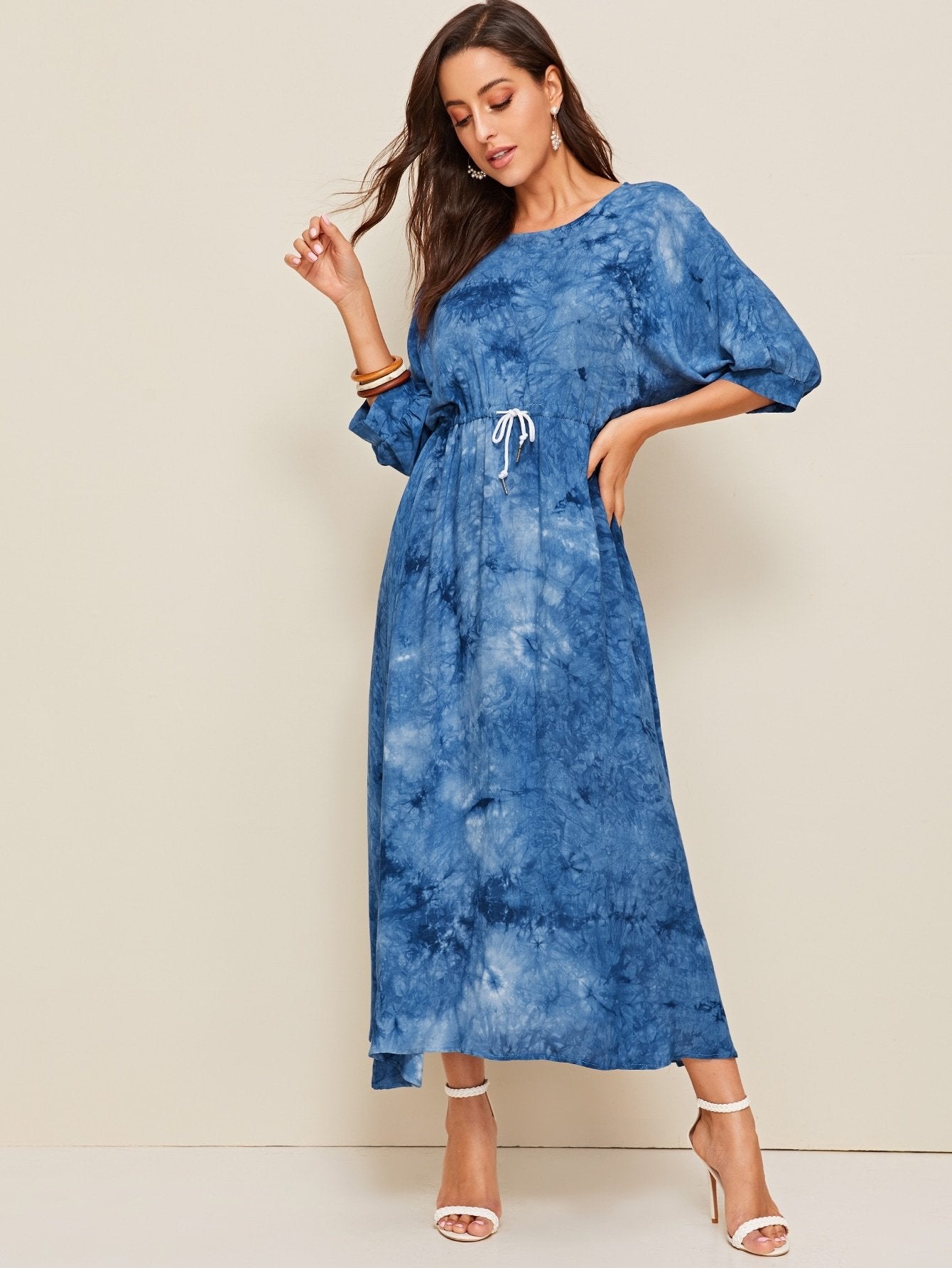 Tie Dye Batwing Sleeve Drawstring Waist Maxi Dress