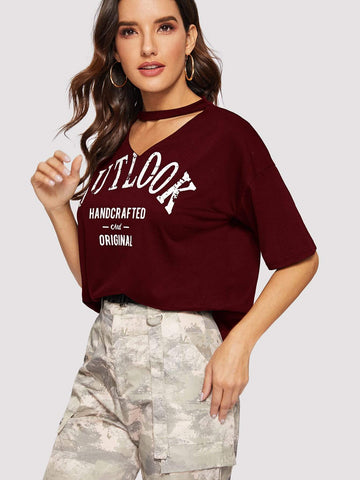 V-cut Neck Letter Graphic Tee