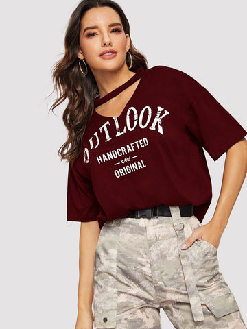 V-cut Neck Letter Graphic Tee