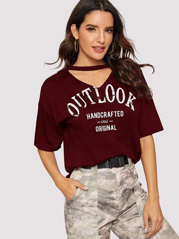 V-cut Neck Letter Graphic Tee