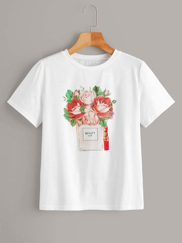 Letter And Floral Print Tee