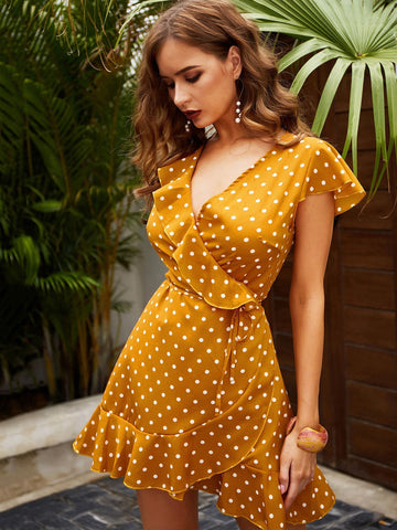 Polka Dot Ruffle Trim Self Tie Wrap Dress