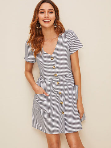 Vertical Striped Button Through Dress