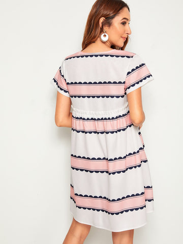 Stripe Print Frill Trim Smock Dress