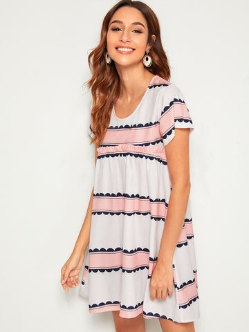 Stripe Print Frill Trim Smock Dress