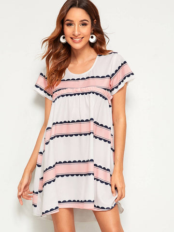 Stripe Print Frill Trim Smock Dress