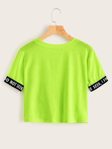 Neon Green Letter Tape Panel Twist Front Crop Tee