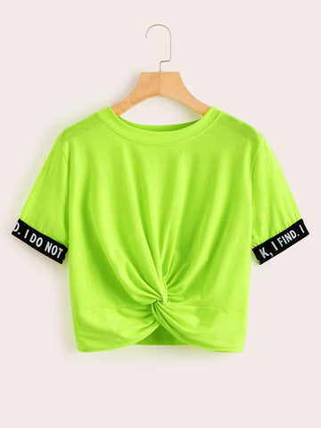 Neon Green Letter Tape Panel Twist Front Crop Tee