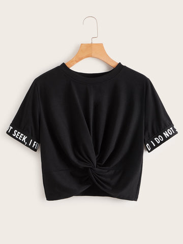 Neon Green Letter Tape Panel Twist Front Crop Tee