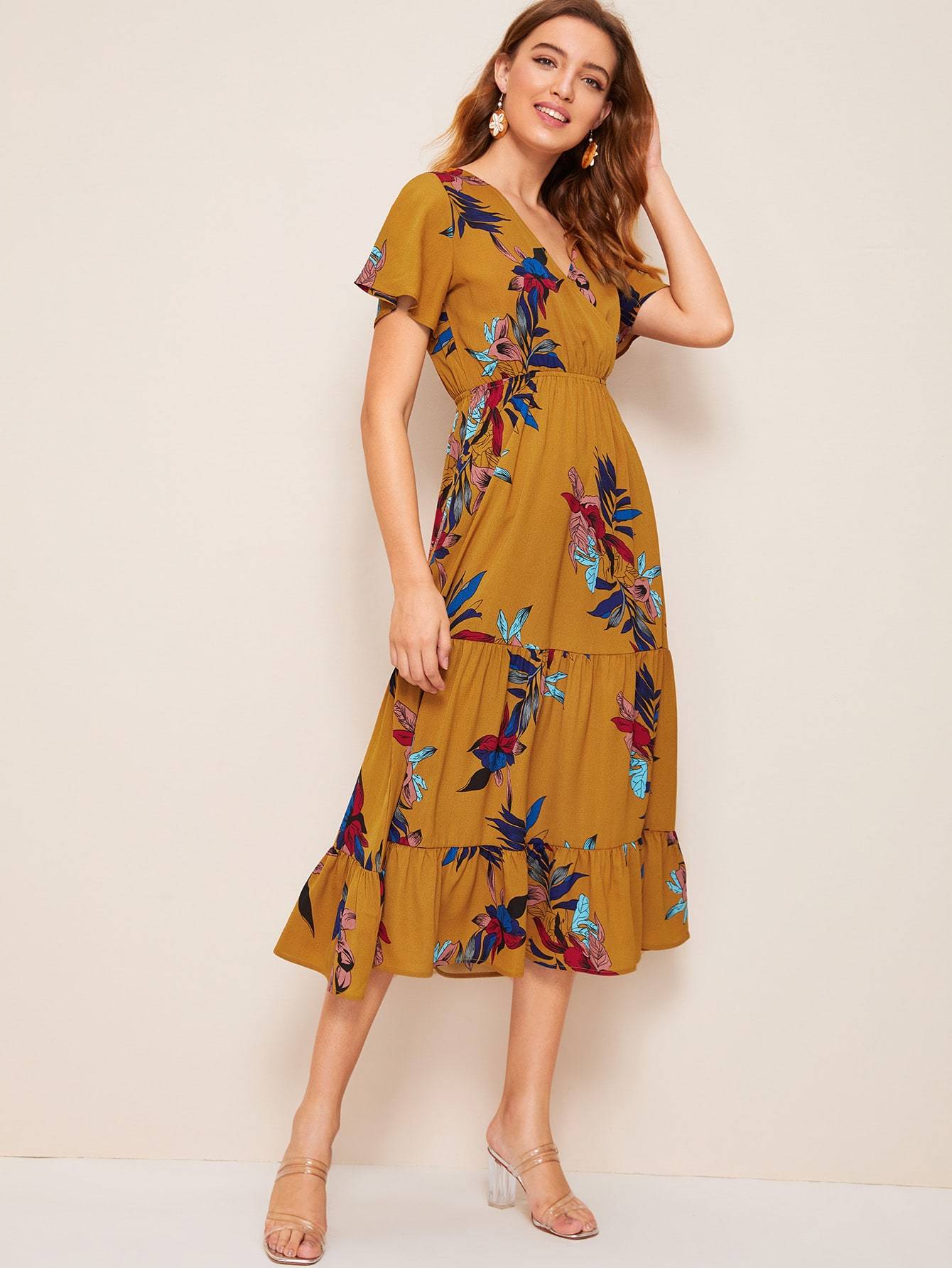 Floral Print Wrap Ruffle Hem Dress