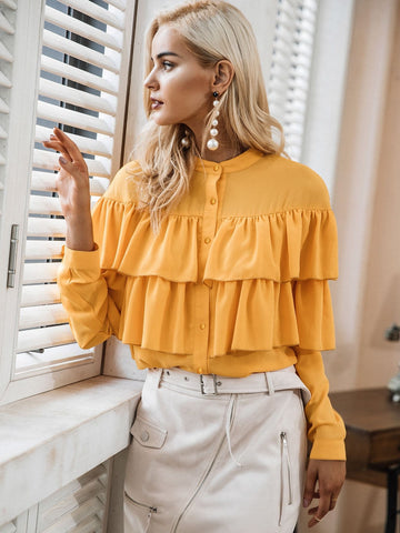 Simplee Solid Layered Ruffle Trim Shirt