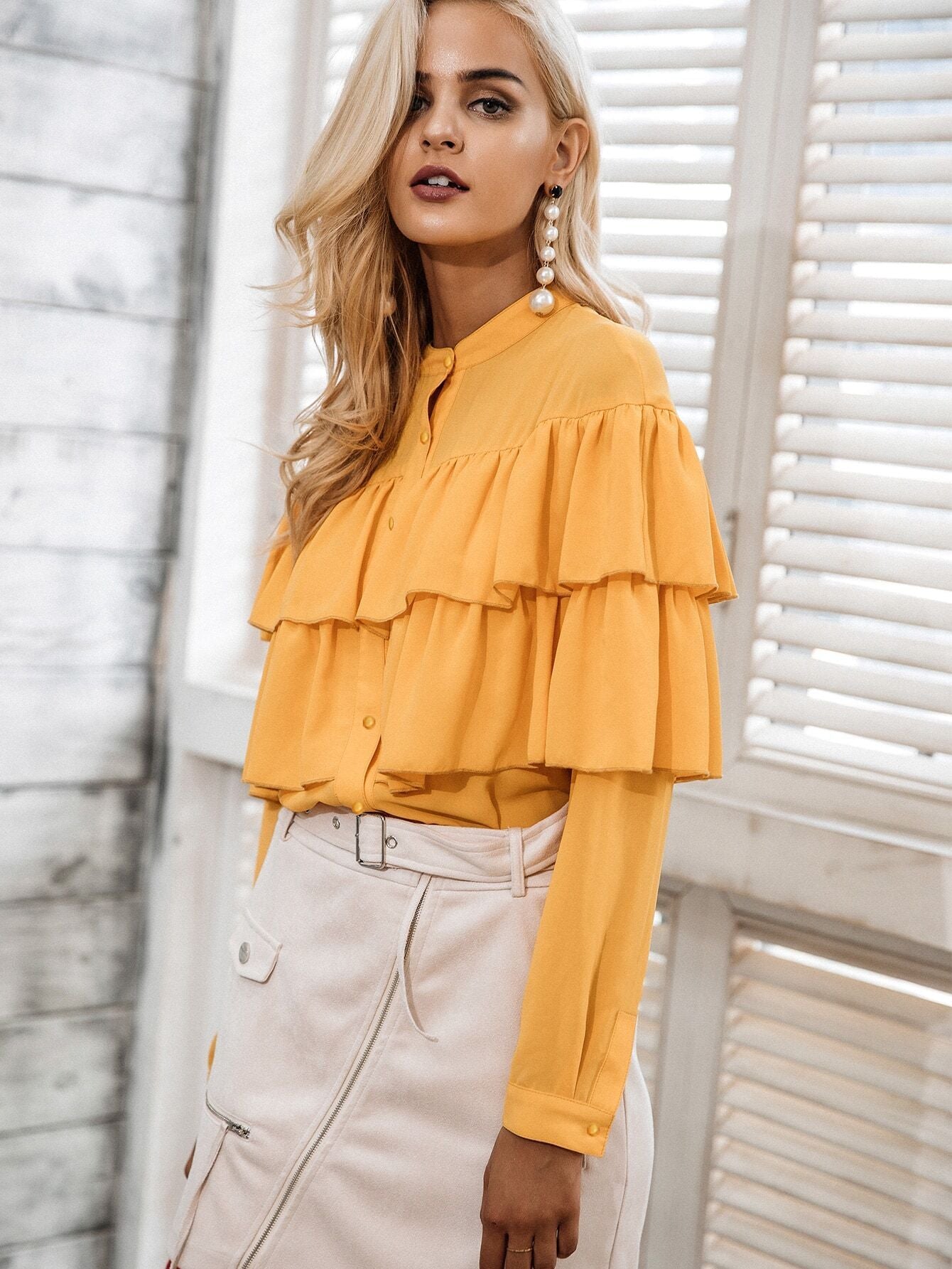Simplee Solid Layered Ruffle Trim Shirt