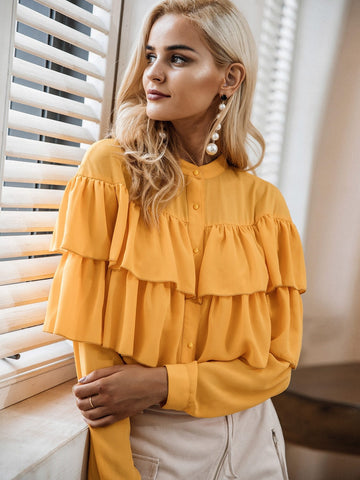 Simplee Solid Layered Ruffle Trim Shirt