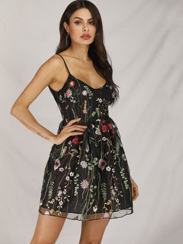 Random Floral Mesh Embroidery Cami Dress