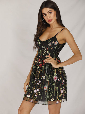 Random Floral Mesh Embroidery Cami Dress