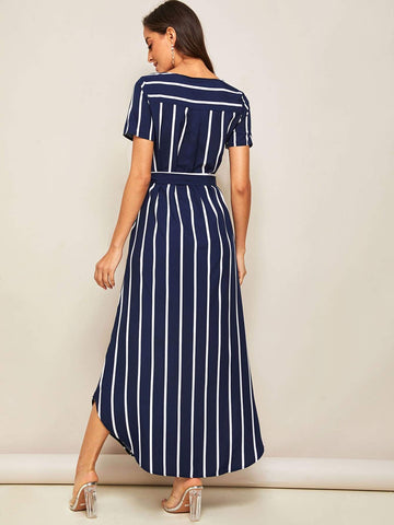 Stripe Print Belted Curved Hem Dress