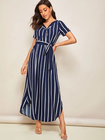 Stripe Print Belted Curved Hem Dress