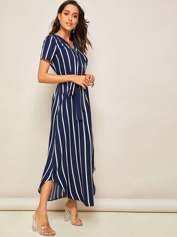 Stripe Print Belted Curved Hem Dress